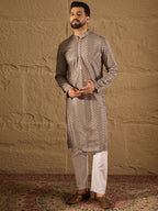 Men Grey Viscose Rayon Solid Embroidered Straight Kurta with Trousers-MKSET1202