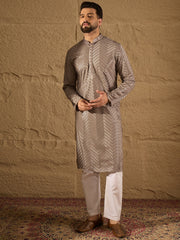 Men Grey Viscose Rayon Solid Embroidered Straight Kurta with Trousers-MKSET1202