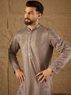 Men Grey Viscose Rayon Solid Embroidered Straight Kurta with Trousers-MKSET1202