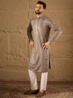 Men Grey Viscose Rayon Solid Embroidered Straight Kurta with Trousers-MKSET1202