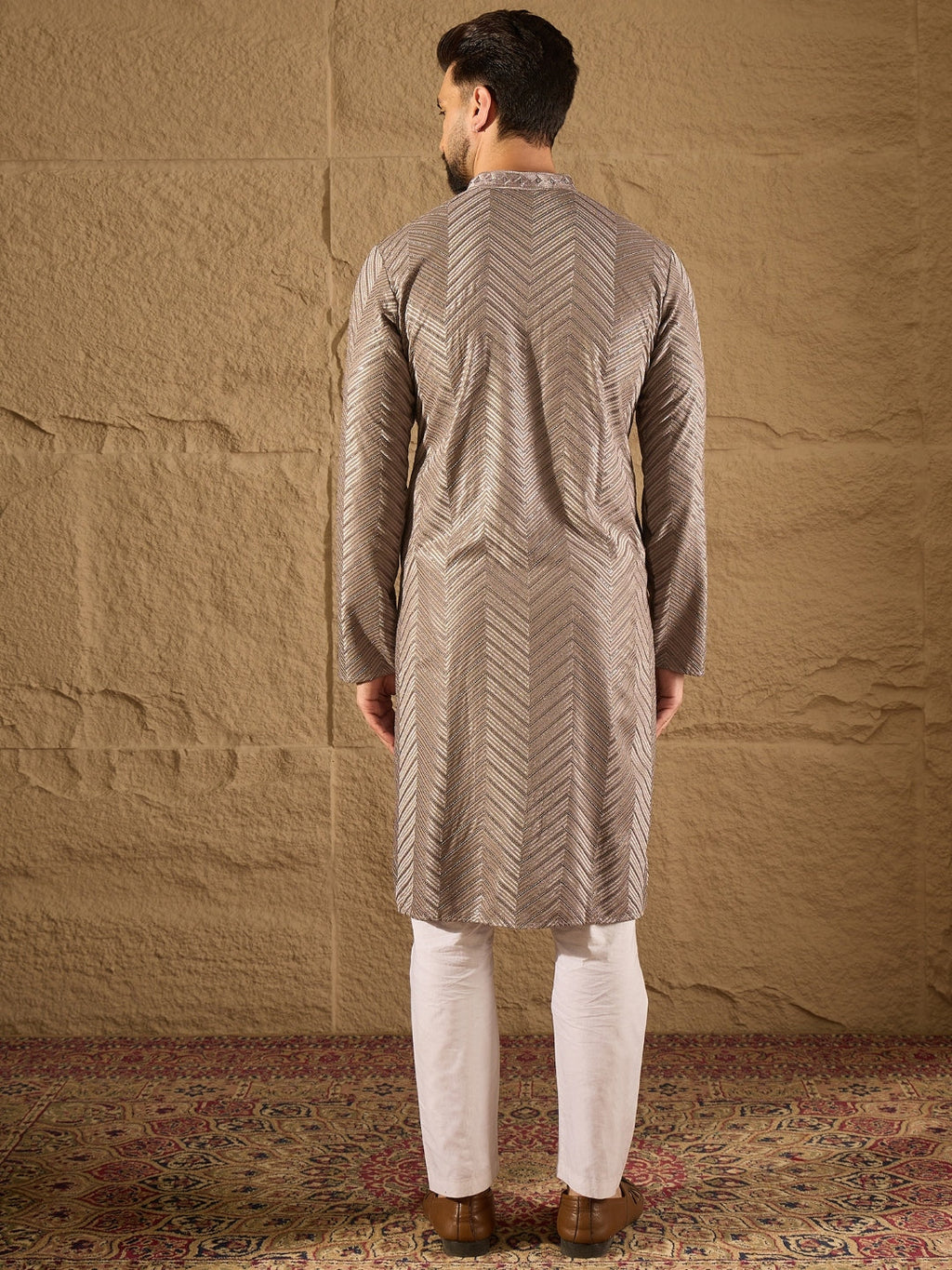 Men Grey Viscose Rayon Solid Embroidered Straight Kurta with Trousers-MKSET1202