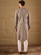 Men Grey Viscose Rayon Solid Embroidered Straight Kurta with Trousers-MKSET1202