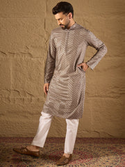 Men Grey Viscose Rayon Solid Embroidered Straight Kurta with Trousers-MKSET1202