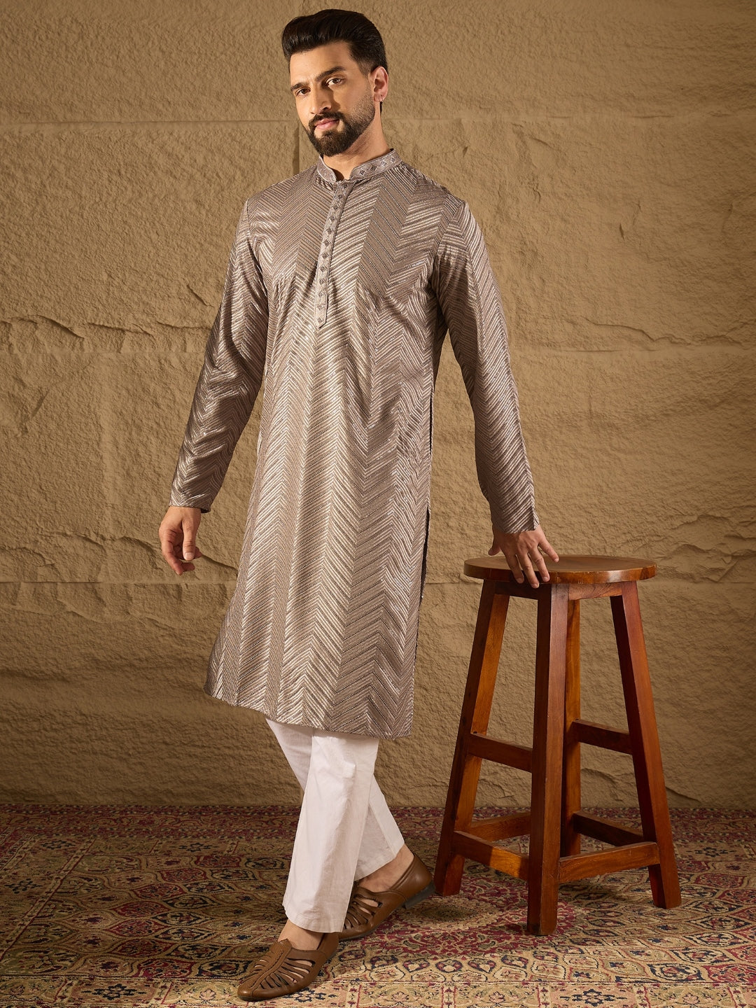 Men Grey Viscose Rayon Solid Embroidered Straight Kurta with Trousers-MKSET1202