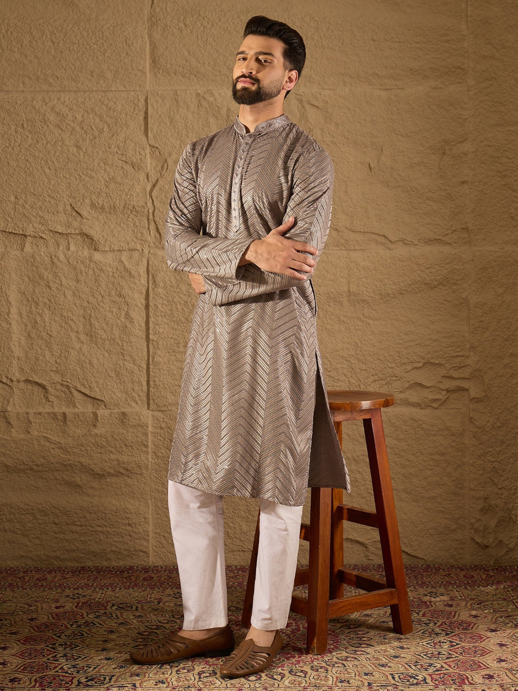 Men Grey Viscose Rayon Solid Embroidered Straight Kurta with Trousers-MKSET1202
