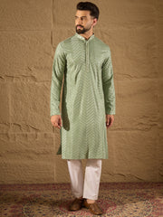 Men Green Viscose Rayon Solid Embroidered Straight Kurta with Trouser-MKSET1203