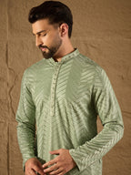Men Green Viscose Rayon Solid Embroidered Straight Kurta with Trouser-MKSET1203