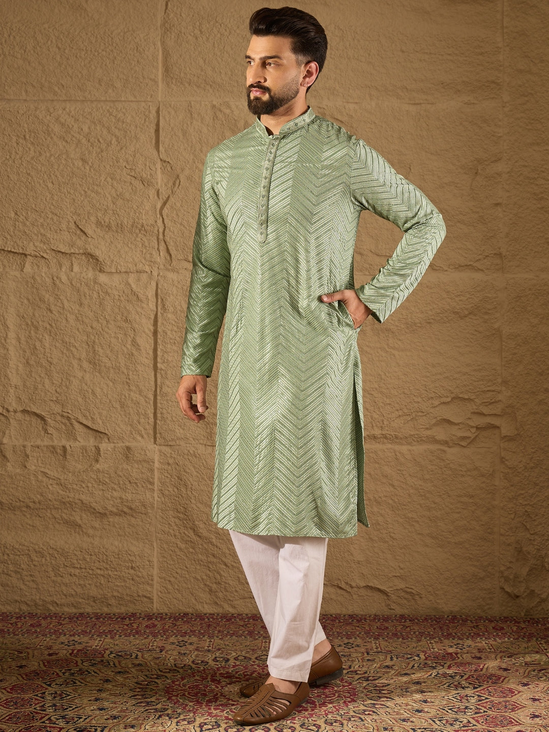Men Green Viscose Rayon Solid Embroidered Straight Kurta with Trouser-MKSET1203