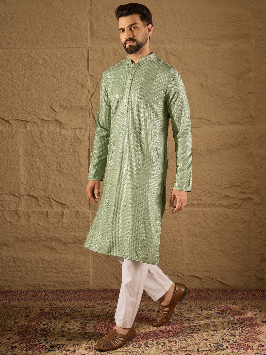 Men Green Viscose Rayon Solid Embroidered Straight Kurta with Trouser-MKSET1203