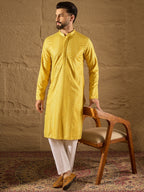 Men Yellow Viscose Rayon Solid Embroidered Straight Kurta with Trouser-MKSET1204