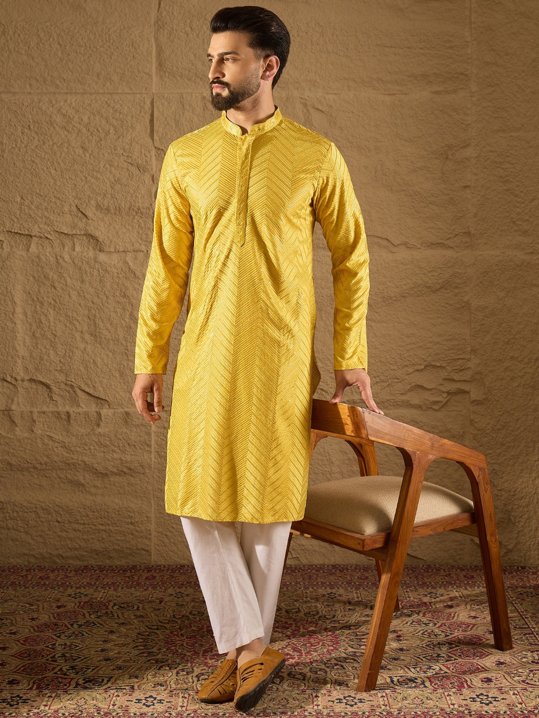 Men Yellow Viscose Rayon Solid Embroidered Straight Kurta with Trouser-MKSET1204
