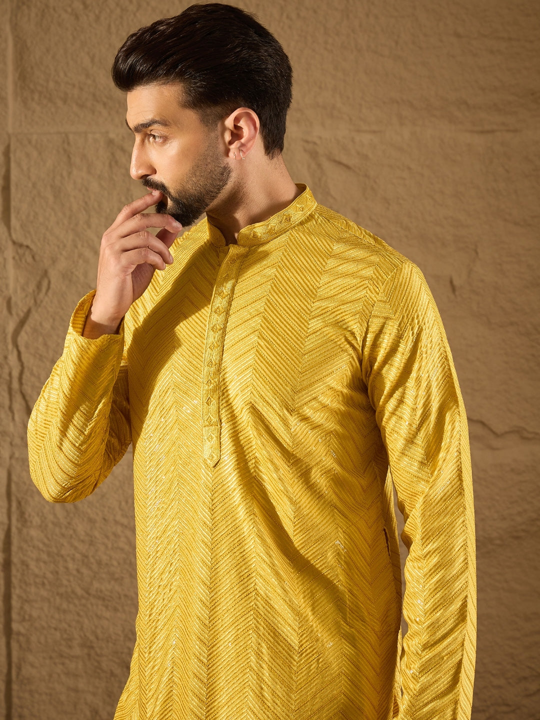 Men Yellow Viscose Rayon Solid Embroidered Straight Kurta with Trouser-MKSET1204