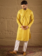 Men Yellow Viscose Rayon Solid Embroidered Straight Kurta with Trouser-MKSET1204