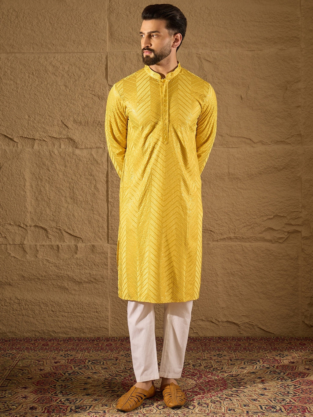 Men Yellow Viscose Rayon Solid Embroidered Straight Kurta with Trouser-MKSET1204