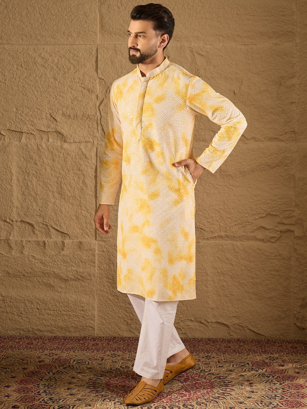 Men Yellow Viscose Rayon Abstract Embroidered Straight Kurta with Trouser-MKSET1263
