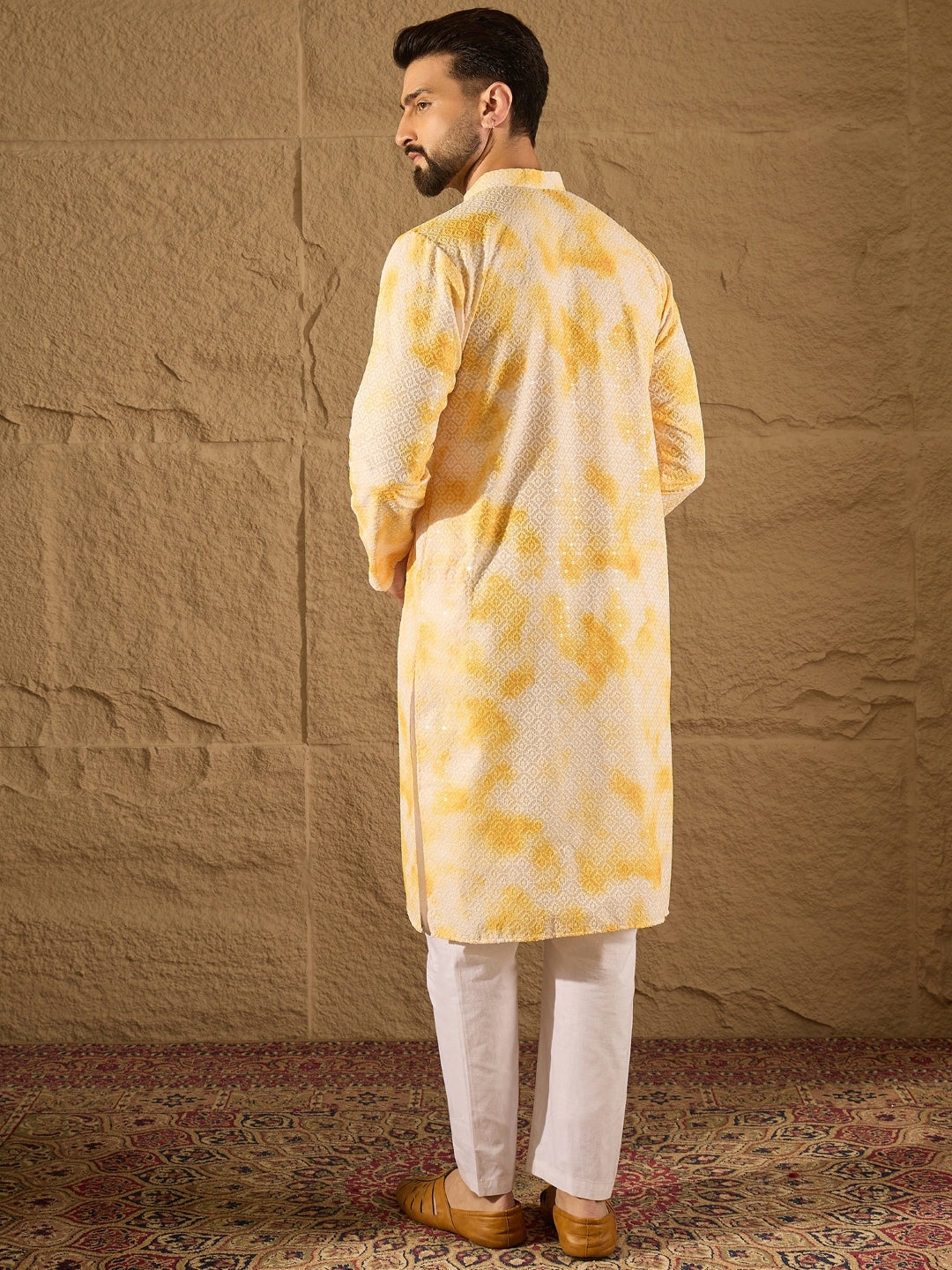 Men Yellow Viscose Rayon Abstract Embroidered Straight Kurta with Trouser-MKSET1263