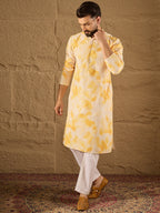 Men Yellow Viscose Rayon Abstract Embroidered Straight Kurta with Trouser-MKSET1263