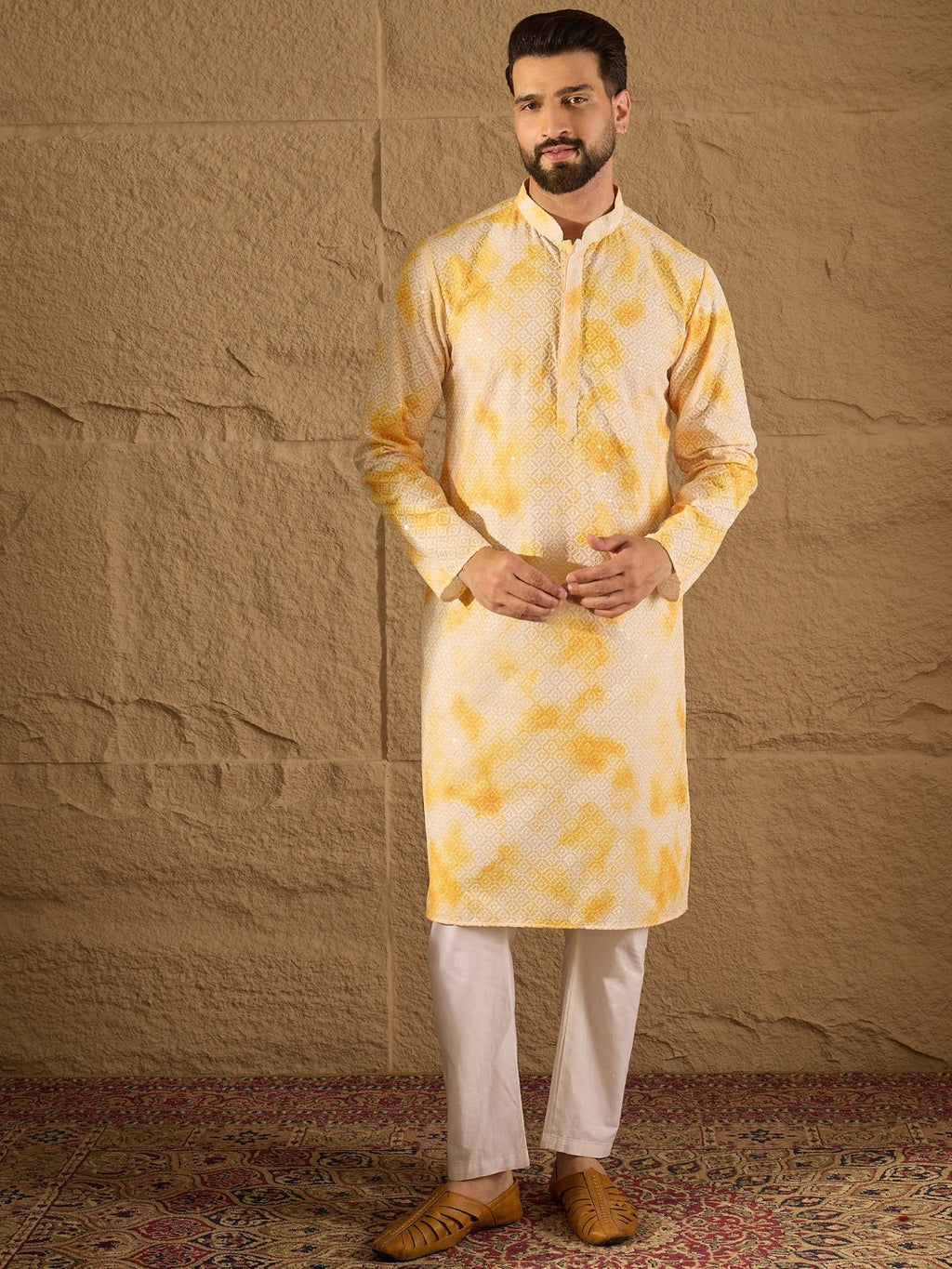 Men Yellow Viscose Rayon Abstract Embroidered Straight Kurta with Trouser-MKSET1263