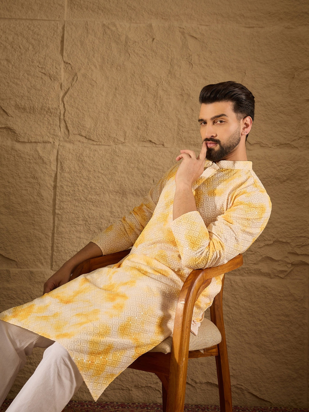 Men Yellow Viscose Rayon Abstract Embroidered Straight Kurta with Trouser-MKSET1263