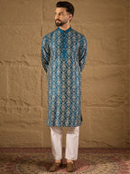Men Blue Pure Silk Floral Printed Straight Kurta with Trouser-MKSET1273
