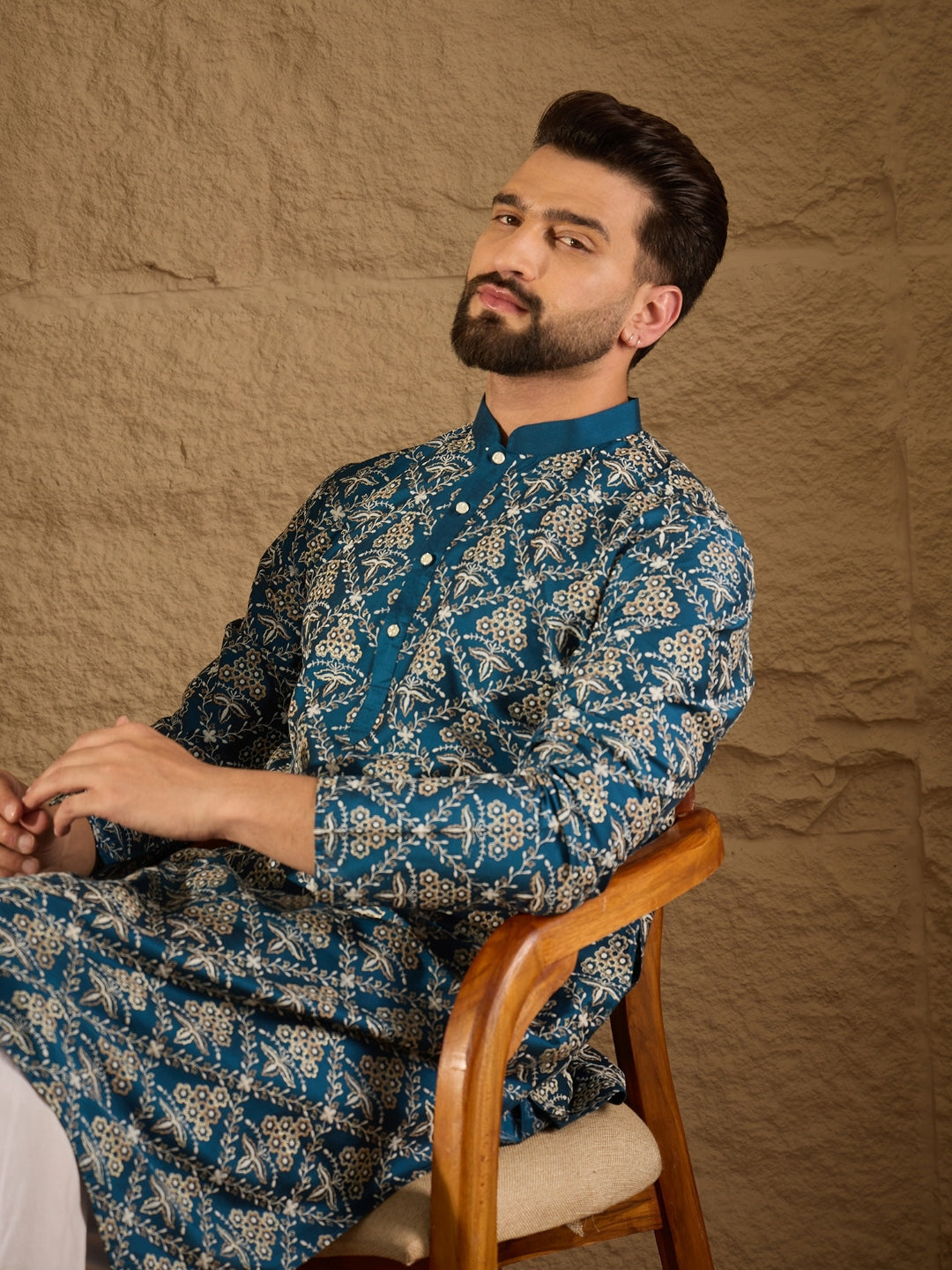 Men Blue Pure Silk Floral Printed Straight Kurta with Trouser-MKSET1273