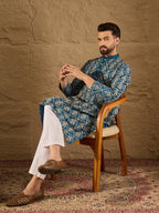 Men Blue Pure Silk Floral Printed Straight Kurta with Trouser-MKSET1273