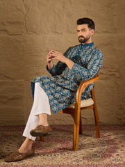 Men Blue Pure Silk Floral Printed Straight Kurta with Trouser-MKSET1273
