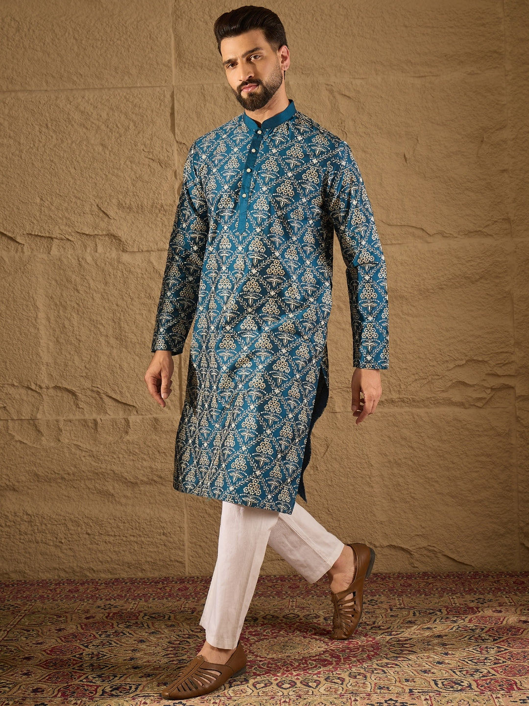 Men Blue Pure Silk Floral Printed Straight Kurta with Trouser-MKSET1273