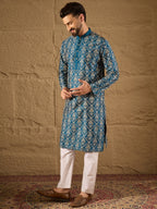Men Blue Pure Silk Floral Printed Straight Kurta with Trouser-MKSET1273