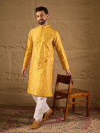 Men Yellow Pure Silk Geometric Printed Straight Kurta with Trousers-MKSET1276