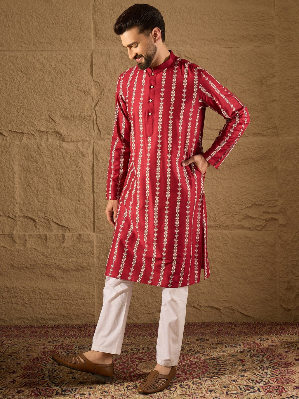 Men Maroon Viscose Rayon Ethnic Motifs Printed Straight Kurta with Trouser-MKSET1278