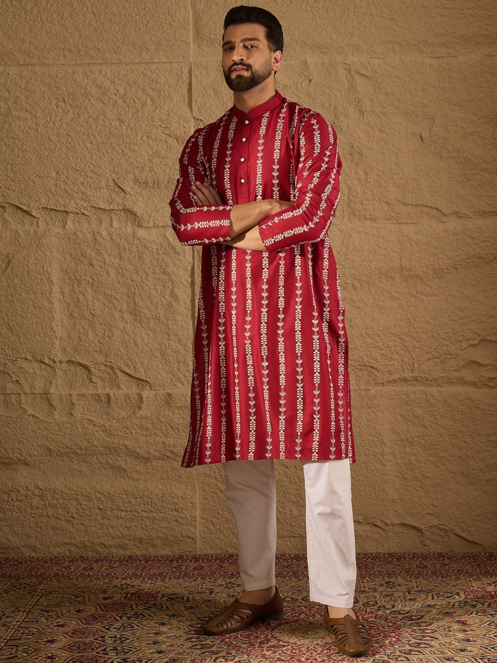 Men Maroon Viscose Rayon Ethnic Motifs Printed Straight Kurta with Trouser-MKSET1278