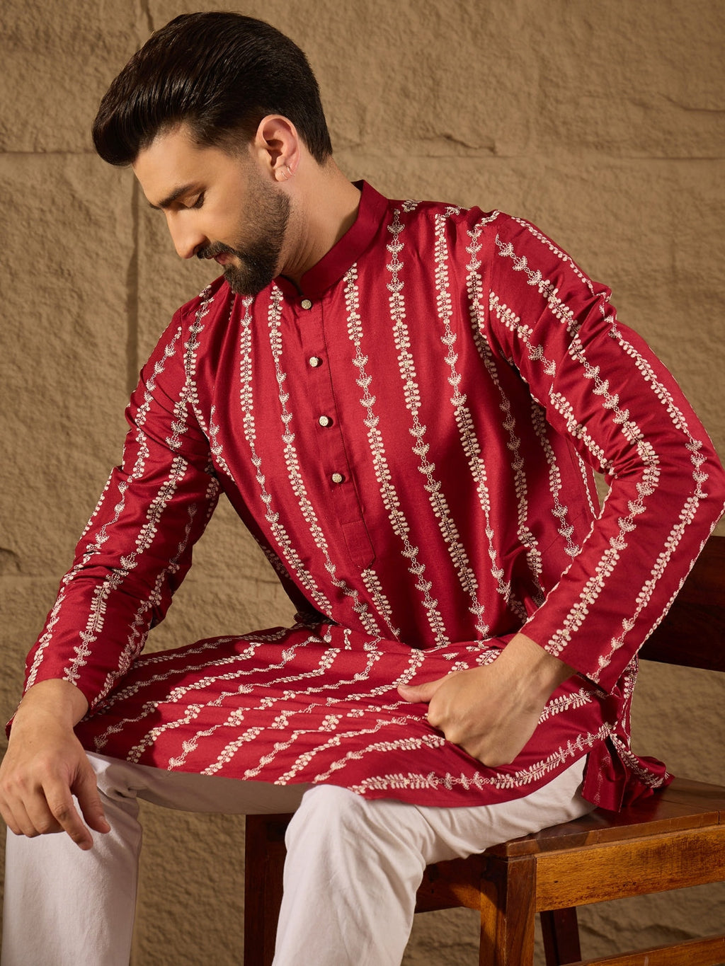 Men Maroon Viscose Rayon Ethnic Motifs Printed Straight Kurta with Trouser-MKSET1278