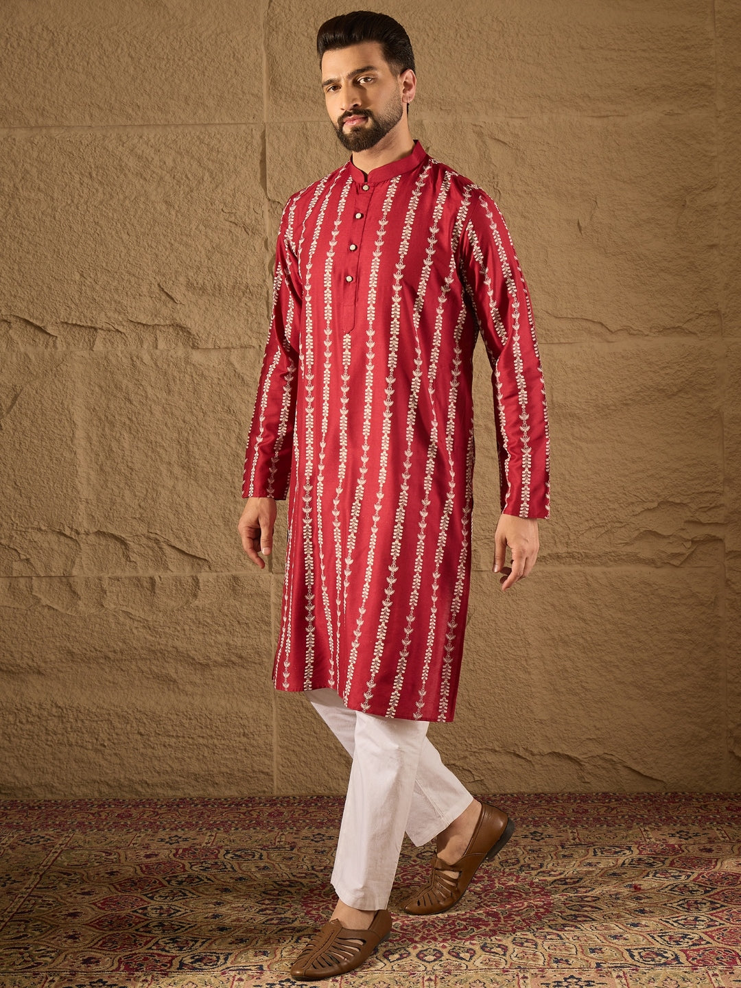 Men Maroon Viscose Rayon Ethnic Motifs Printed Straight Kurta with Trouser-MKSET1278
