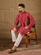 Men Maroon Viscose Rayon Ethnic Motifs Printed Straight Kurta with Trouser-MKSET1278
