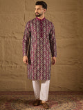 Men Purple Pure Silk Floral Printed Straight Kurta with Trouser-MKSET1279