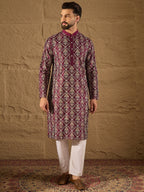 Men Purple Pure Silk Floral Printed Straight Kurta with Trouser-MKSET1279