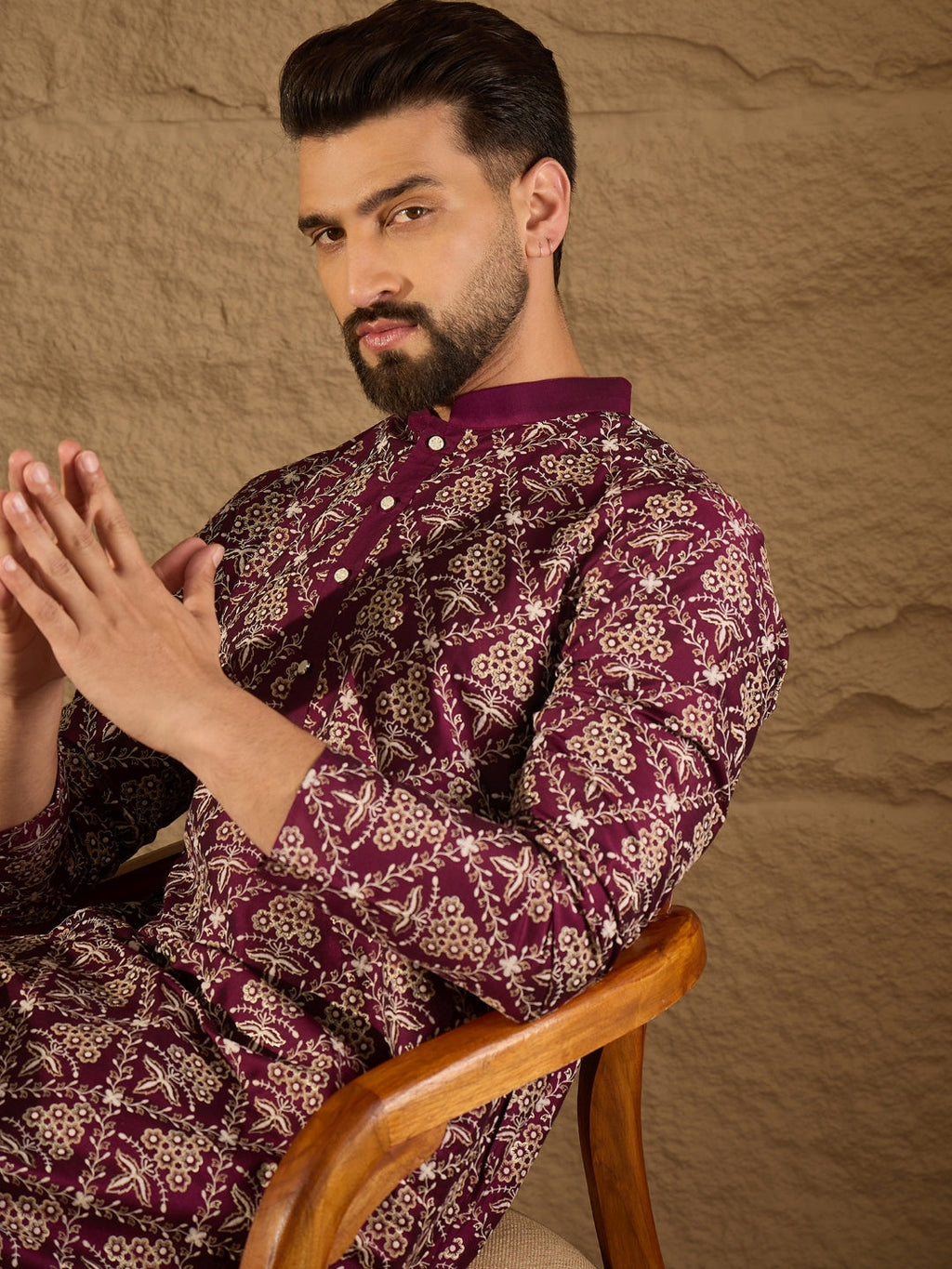 Men Purple Pure Silk Floral Printed Straight Kurta with Trouser-MKSET1279