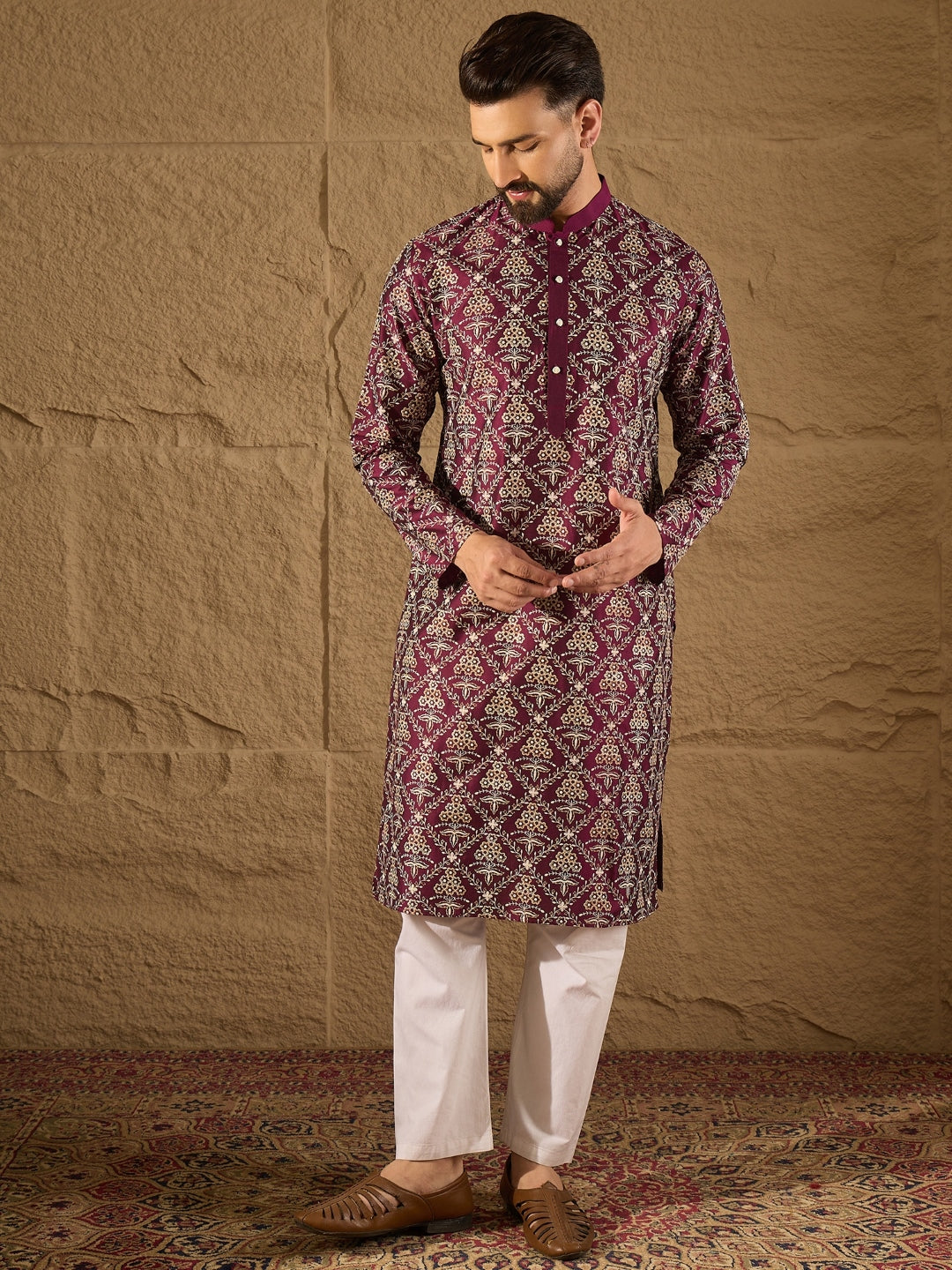 Men Purple Pure Silk Floral Printed Straight Kurta with Trouser-MKSET1279