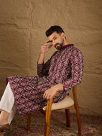 Men Purple Pure Silk Floral Printed Straight Kurta with Trouser-MKSET1279