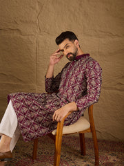 Men Purple Pure Silk Floral Printed Straight Kurta with Trouser-MKSET1279