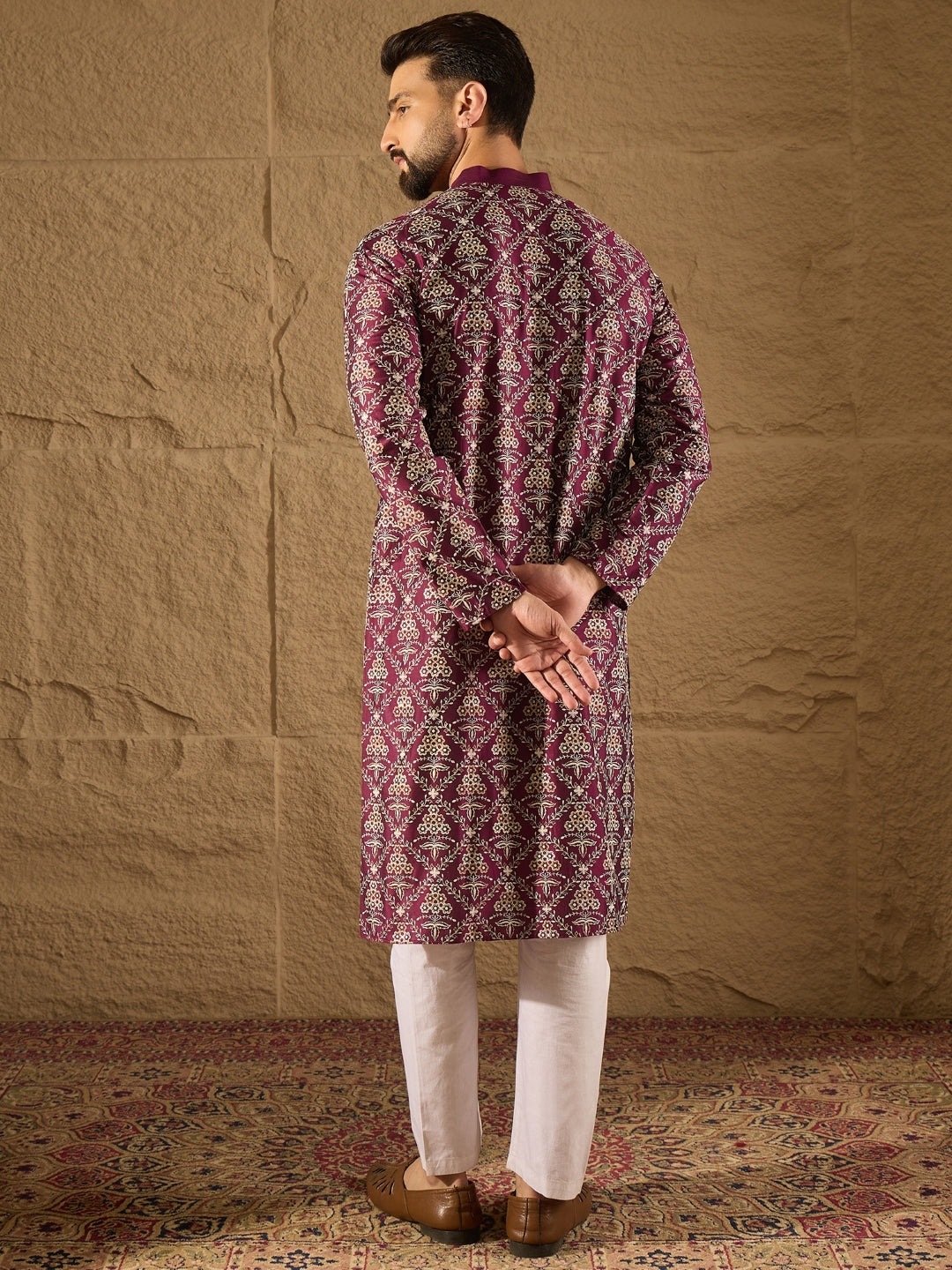 Men Purple Pure Silk Floral Printed Straight Kurta with Trouser-MKSET1279