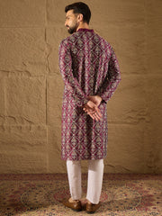 Men Purple Pure Silk Floral Printed Straight Kurta with Trouser-MKSET1279