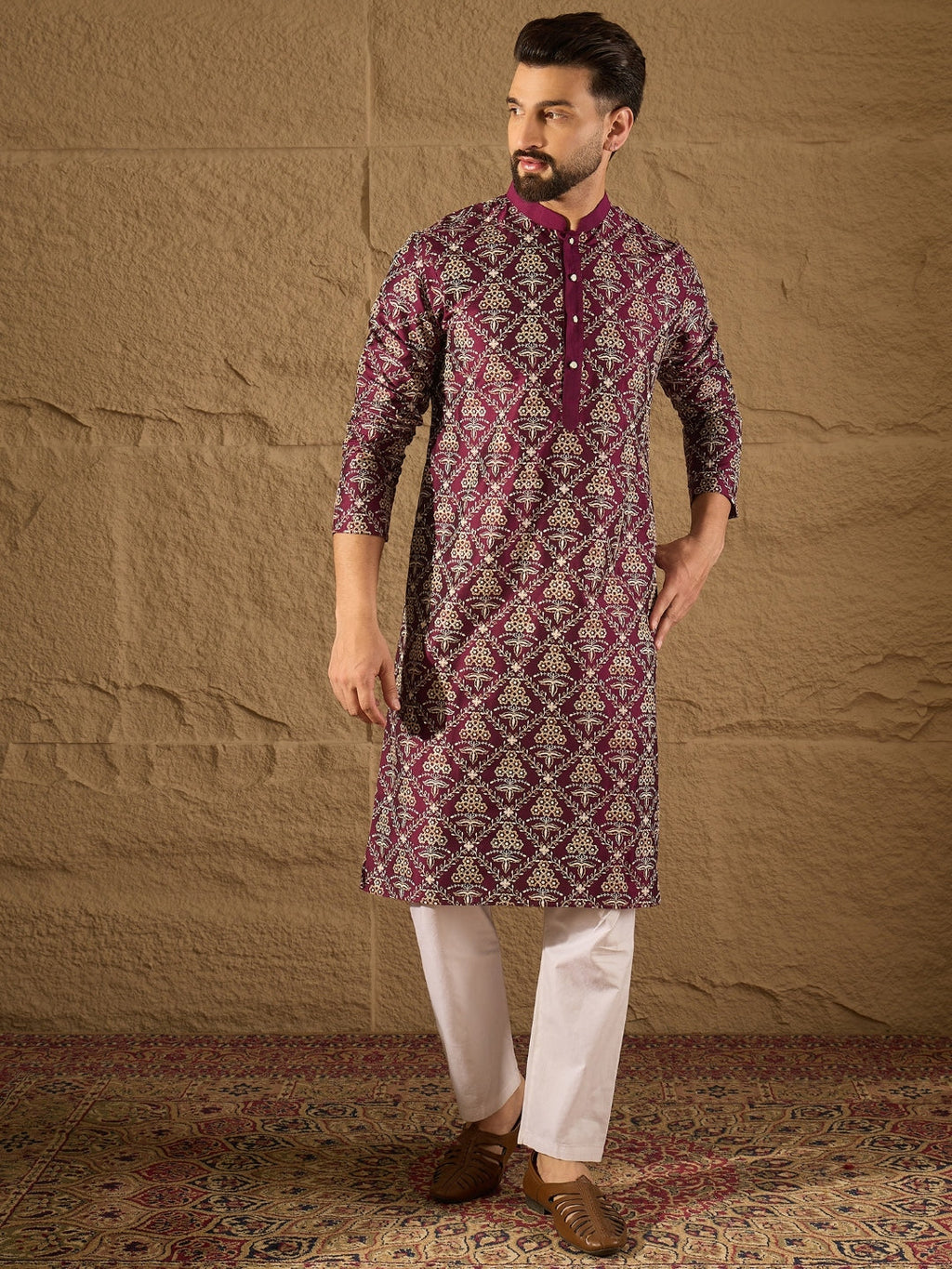 Men Purple Pure Silk Floral Printed Straight Kurta with Trouser-MKSET1279
