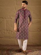 Men Purple Pure Silk Floral Printed Straight Kurta with Trouser-MKSET1279