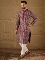Men Purple Pure Silk Floral Printed Straight Kurta with Trouser-MKSET1279