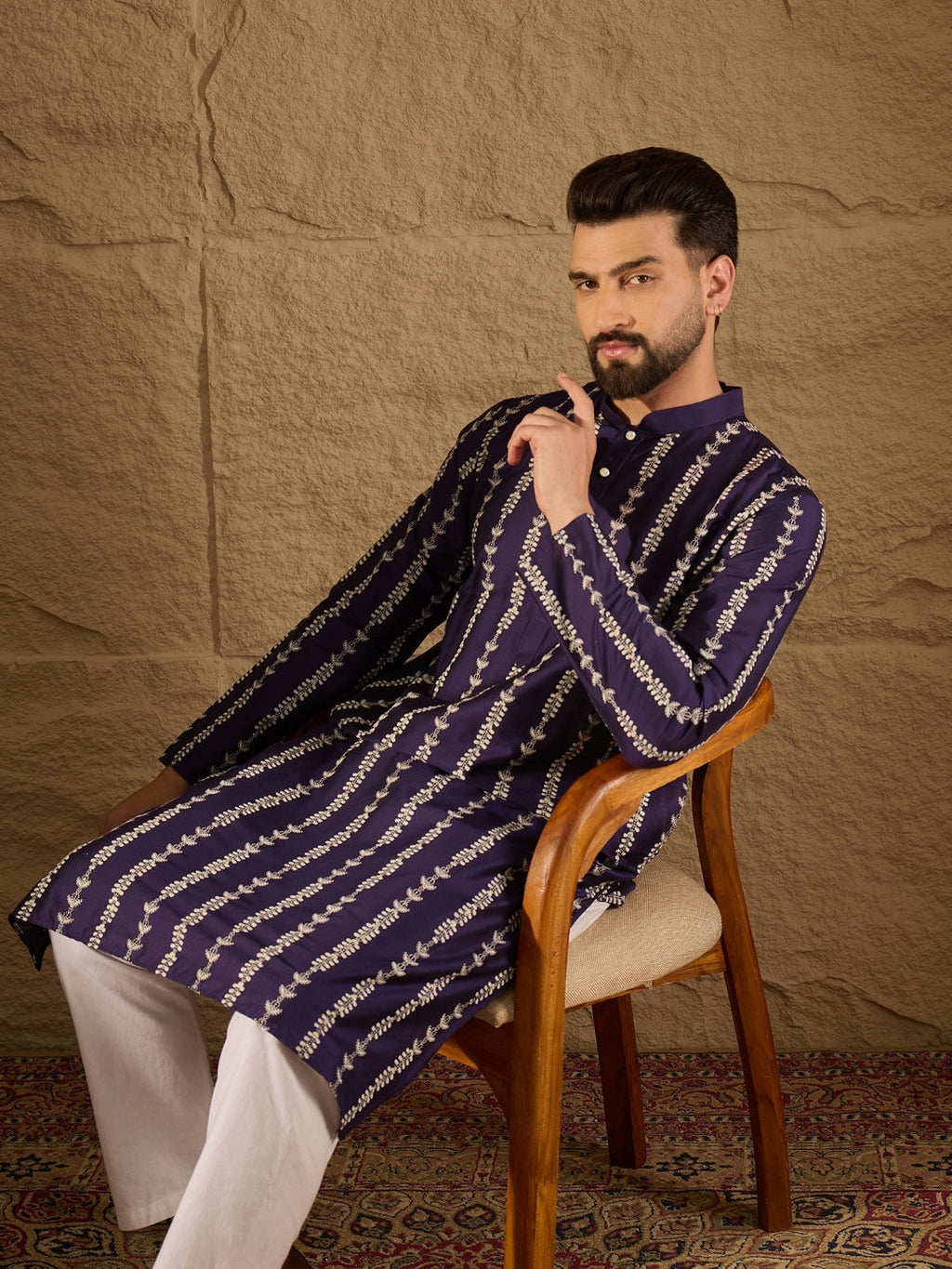 Men Purple Viscose Rayon Ethnic Motifs Printed Straight Kurta with Trousers-MKSET1280