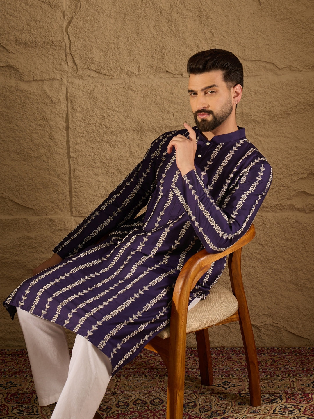 Men Purple Viscose Rayon Ethnic Motifs Printed Straight Kurta with Trousers-MKSET1280