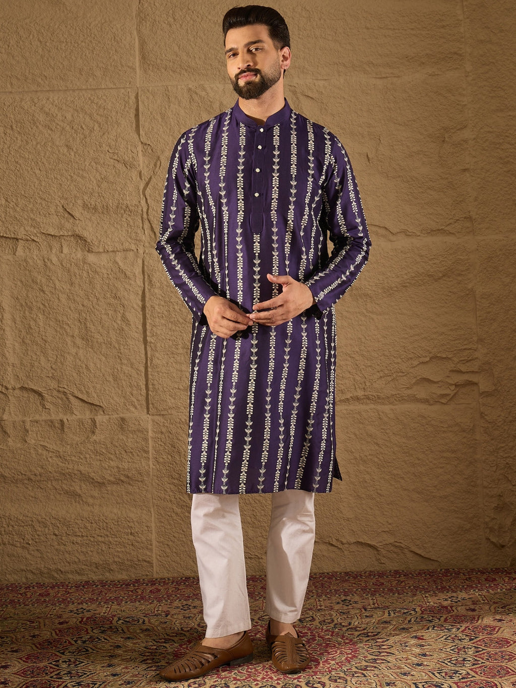 Men Purple Viscose Rayon Ethnic Motifs Printed Straight Kurta with Trousers-MKSET1280