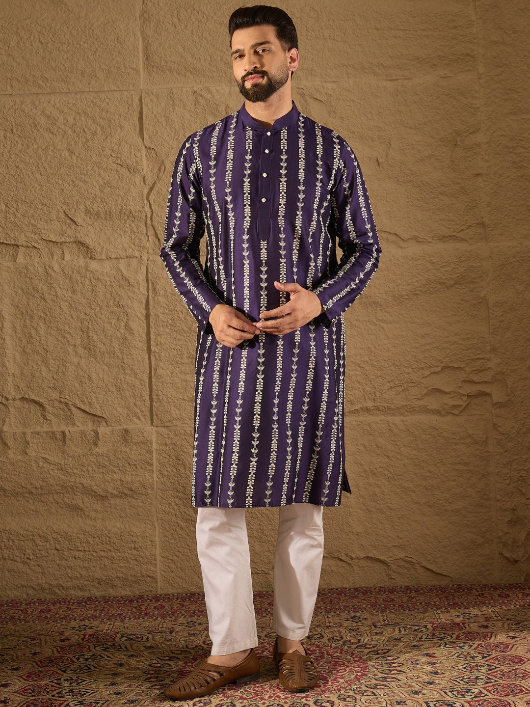 Men Purple Viscose Rayon Ethnic Motifs Printed Straight Kurta with Trousers-MKSET1280